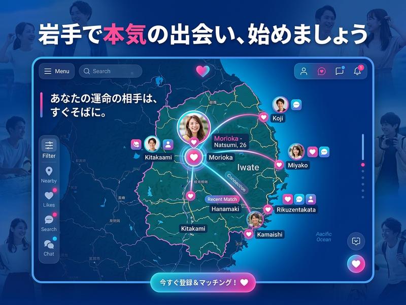 岩手県のマッチングアプリ画面。地図上でユーザーが出会いを探す様子。