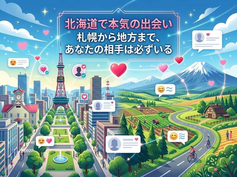 北海道での出会いを描いた、都市と田園風景が繋がるイラスト。