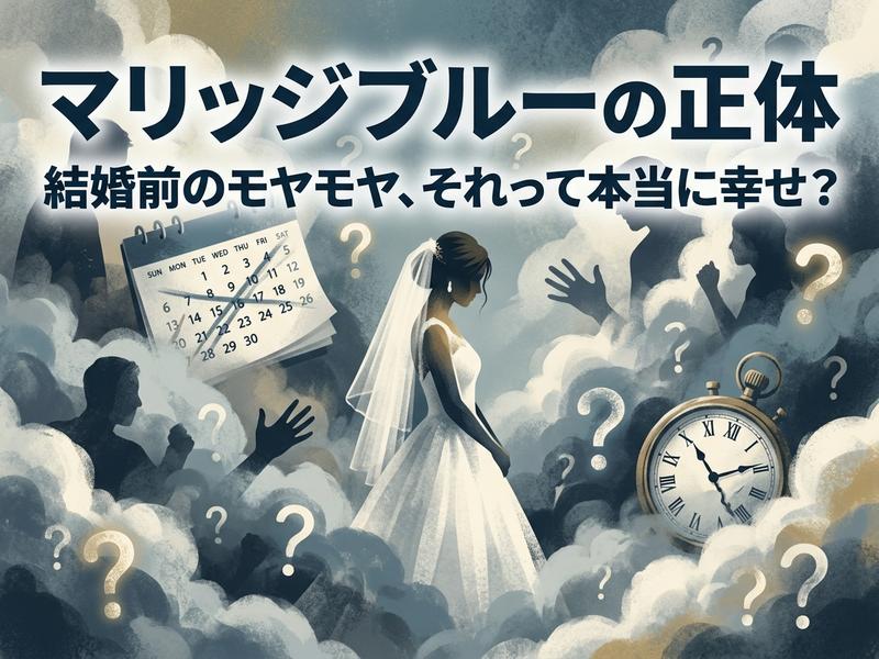 マリッジブルー：結婚前の不安や疑問を抱える花嫁、カレンダーと時計。