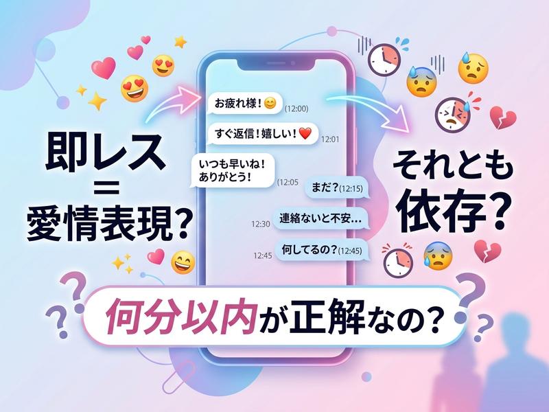 スマホチャットの即レスが愛情表現か依存か問う画像。