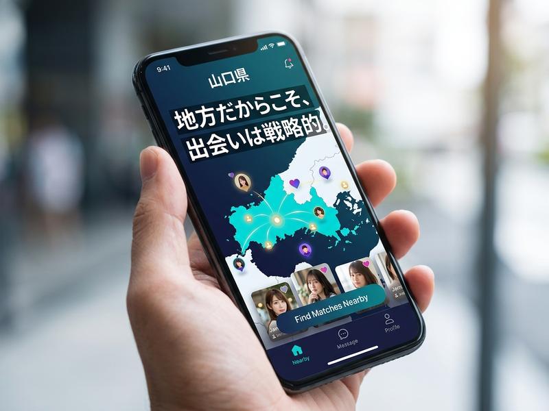 「地方こそ出会いは戦略的」と掲げる山口県マッチングアプリのスマホ画面。