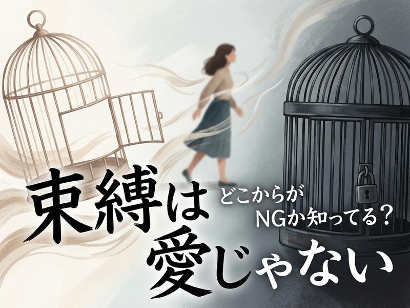 「束縛は愛じゃない」の文字と、鳥かごから出る女性のイラスト。