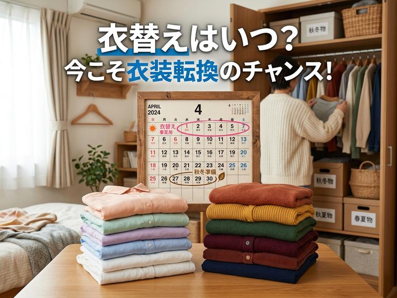 衣替えの準備風景。2024年4月のカレンダー、春夏・秋冬の服の山、クローゼットで服を選ぶ人物。