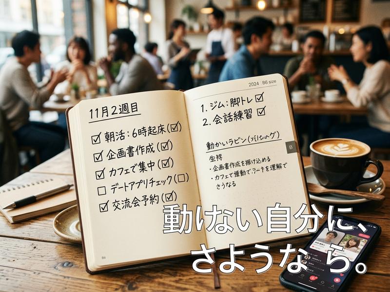 カフェで開かれた手帳に、ToDoリストと「動かない自分に、さようなら。」の文字。