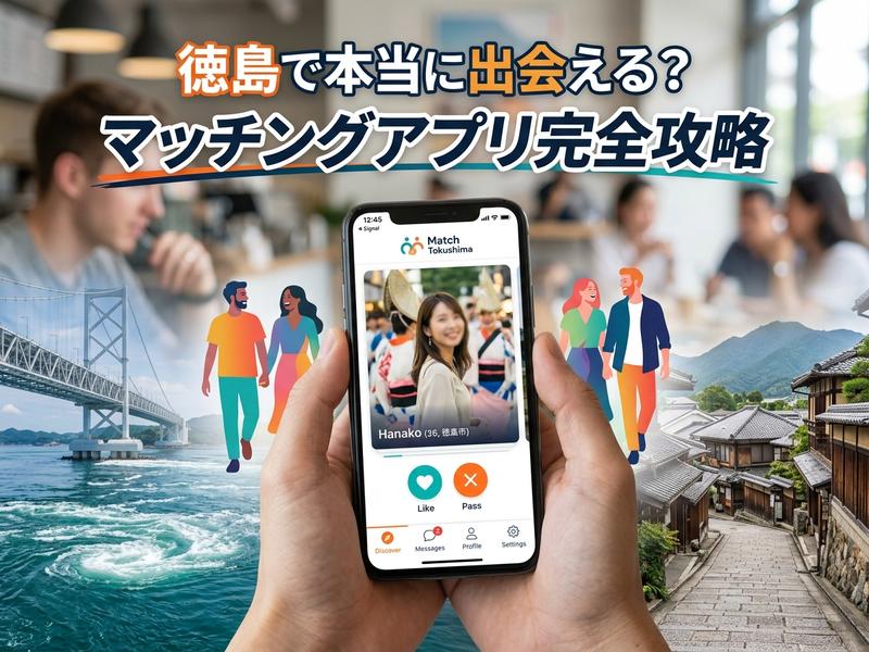 徳島でのマッチングアプリ利用風景。スマホに表示されたプロフィールと観光地。