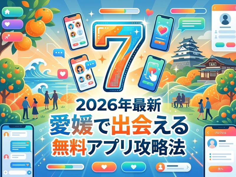 2026年最新、愛媛で出会える無料アプリ攻略法を描いたイラスト。