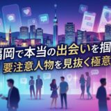 福岡の街でマッチングアプリを使い、出会いと要注意人物を見抜く風景。