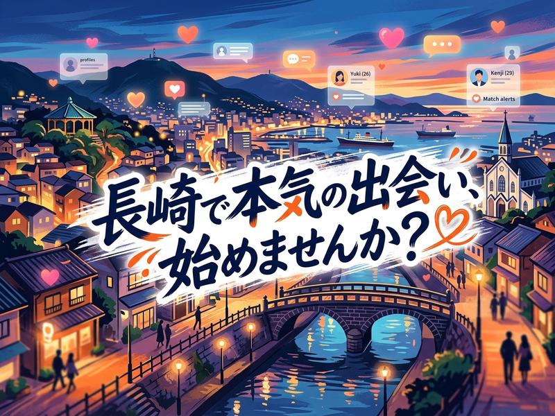 長崎の夜景に「長崎で本気の出会い、始めませんか？」の文字と出会い系アプリのアイコン。