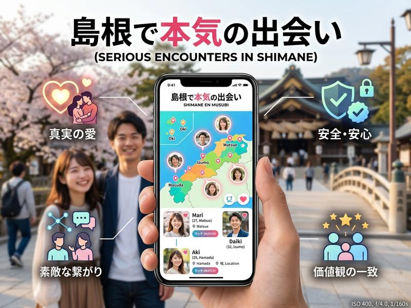「島根で本気の出会い」マッチングアプリの紹介。笑顔のカップル。