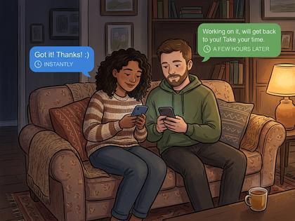 カップルがカフェで向かい合ってスマホを見せ合っているイメージ