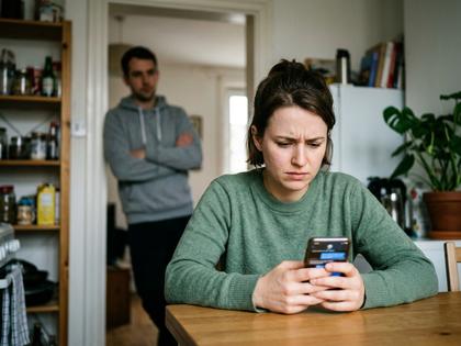 カップルがLINEを見せ合っているシーン、女性の困惑した表情