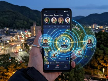 山口県の街並みとスマートフォンでマッチングアプリを操作する女性のイメージ