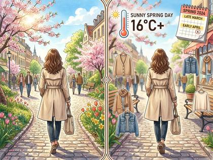 春の陽気の中、薄手のトレンチコートを着た女性の後ろ姿