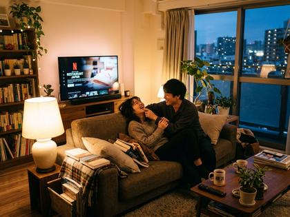 横浜のマンションのリビングでカップルがじゃれあっている自然な雰囲気の写真