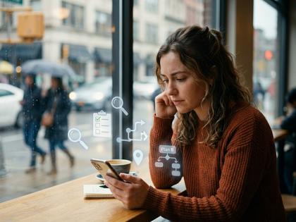 カフェの窓際でスマホを眺めながら考え込む20代女性の後ろ姿