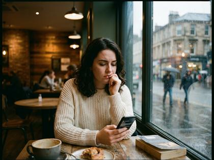 カフェの窓際で頬杖をつき、少し物憂げな表情でスマホを見つめる20代女性
