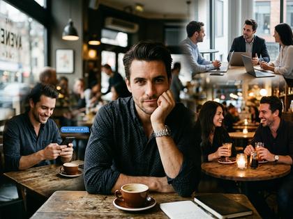 カフェで頬杖をつきながら女性を見つめるクールな男性の横顔