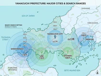 山口県の地図と主要都市を示すイラスト