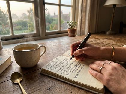 朝、白湯を飲みながらノートに予定を書き出す女性の手元