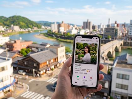 徳島の街並みとスマートフォンでマッチングアプリを見る女性のイメージ