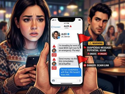 スマホ画面で不審なメッセージに警戒する女性のイメージ