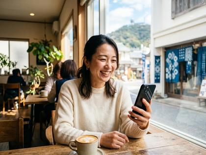 明るいカフェで自然な笑顔の女性の写真を選んでいる様子