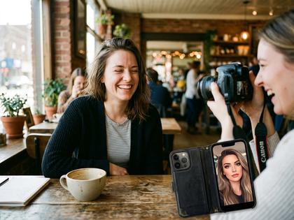 カフェで自然な笑顔の女性を友人が撮影しているシーン