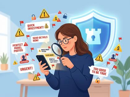 警告マークとスマホでメッセージを注意深く読んでいる女性のイラスト