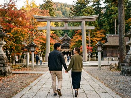 出雲大社の境内で寄り添うカップルのイメージ