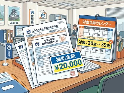 高知県庁の外観と助成金申請書類のイメージ