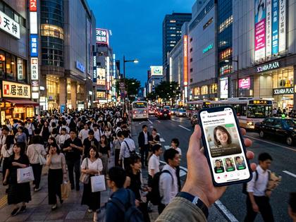 福岡・天神の街並みとスマホを持つ女性のイメージ