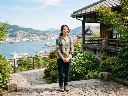 長崎のカフェで自然な笑顔を見せる女性