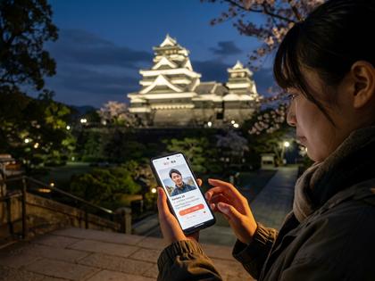 熊本城を背景にスマートフォンでマッチングアプリを見ている女性のイメージ