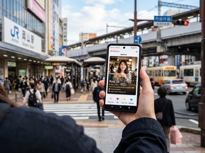 岡山駅前の街並みとスマホを手にする女性のイメージ