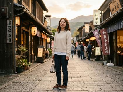 湯布院や別府など大分の観光地で笑顔で写真を撮る女性のイメージ