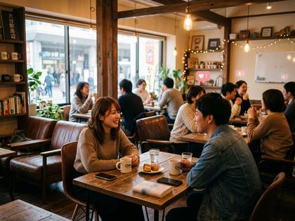 大分駅周辺のおしゃれなカフェで談笑するカップルのイメージ