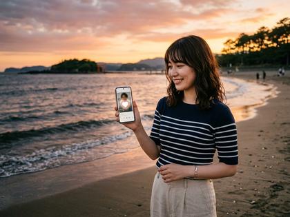 宮崎の海辺でスマホを見る若い女性の様子