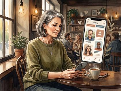 落ち着いた雰囲気のカフェでスマホを見る40代女性