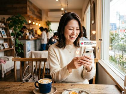 カフェで嬉しそうにスマホを見つめる20代後半の女性