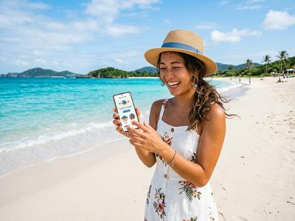 沖縄の海辺でスマホを見ながら微笑む20代女性、青空と白い砂浜