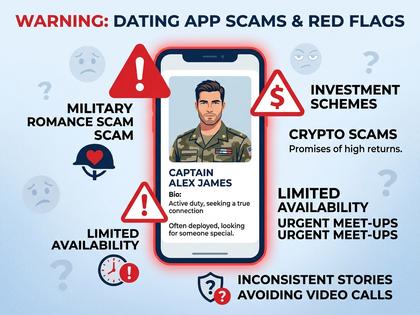 スマホを見て怪しいメッセージに警戒する女性、注意サインのアイコン