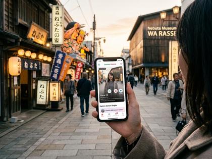 青森の街並みとスマホでマッチングアプリを操作する女性のイメージ