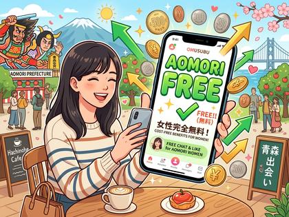 無料と書かれたスマホ画面と喜ぶ女性のイラスト