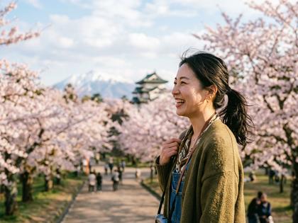 プロフィール写真を撮影している青森の風景と女性のイメージ