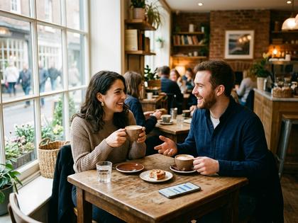 カフェで会話を楽しむカップルのイメージ