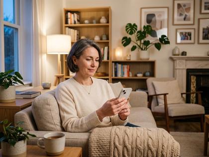 落ち着いた雰囲気の40代女性がスマートフォンを見ているシーン