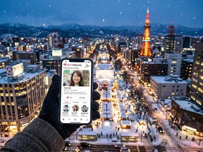 雪景色の札幌市街地とスマートフォンでマッチングアプリを操作する女性のイメージ