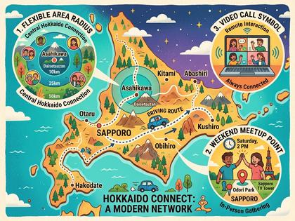 北海道の地図と車で移動するカップルのイラスト