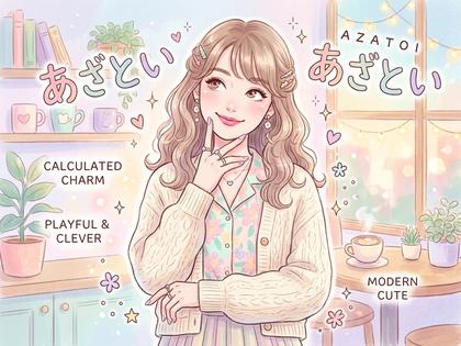 上目遣いで小首をかしげる女性のイラスト、あざとい仕草を象徴する構図