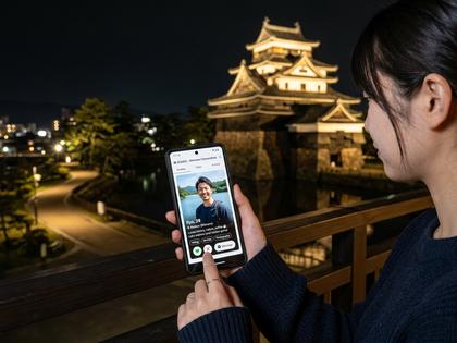 松江城を背景にスマホでマッチングアプリを操作する女性のイメージ
